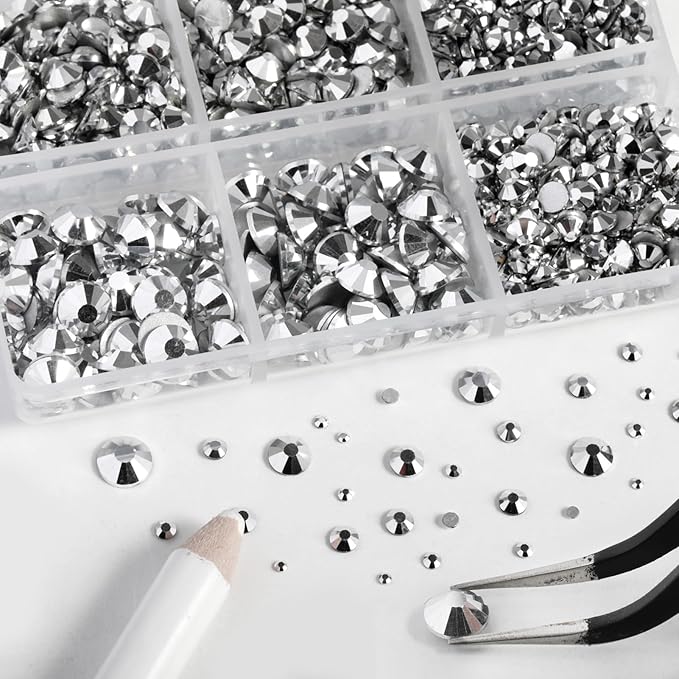 Beadsland 8300PCS Flatback Rhinestones, Silver Rhinestone Nail Gems Round Crystal Rhinestones for Crafts, Mixed 10 Sizes with Wax Pencil and Tweezer Kit, SS3-SS30, Silver Hematite
