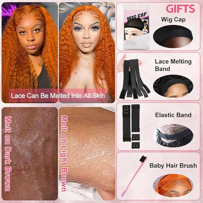Azkiu Bye Bye KnotsGlueless Ginger Orange Wigs Human Hair Pre Plucked Pre Cut 13x4 HD Lace Closure Wigs Human Hair Deep Wave Lace Front Wigs Human Hair16inch