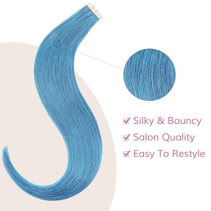 WENNALIFE Tape in Hair Extensions Human Hair Turquoise Tape in Extensions, 10pcs 25g 16 inch Remy Invisible Tape Ins Straight Colored Soft Real Human Hair Tape in Extensions Refill Set Extensions