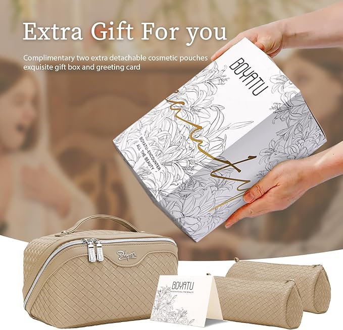 BOYATU Travel Makeup Bags for Women: Large Cosmetic Bag with Compartments - Vegan Leather Make up Bag Set of 3 - Protable Toiletry Organizer (L13 Apricot)