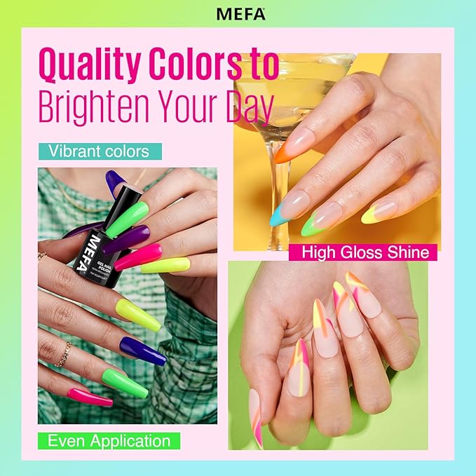 MEFA Neon Gel Nail Polish Set, 12 Colors Nail Polish Set Green Glitter Pink Yellow Blue Purple Red Soak Off Gel Nail Gifts for Women Girl DIY Salon Home Manicure