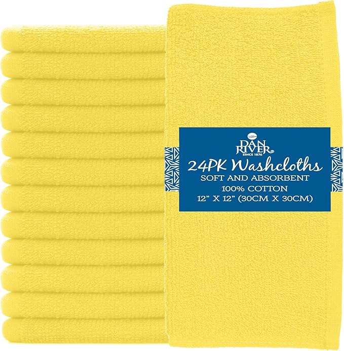 DAN RIVER 100% Cotton Washcloths 24 Pack Premium Quality Face and Body Cloth, Quick Dry Essential Towels for Bathroom, Hand, Kitchen & Cleaning, Baby Rugs | 12X12 in | 400 GSM | Primrose Yellow