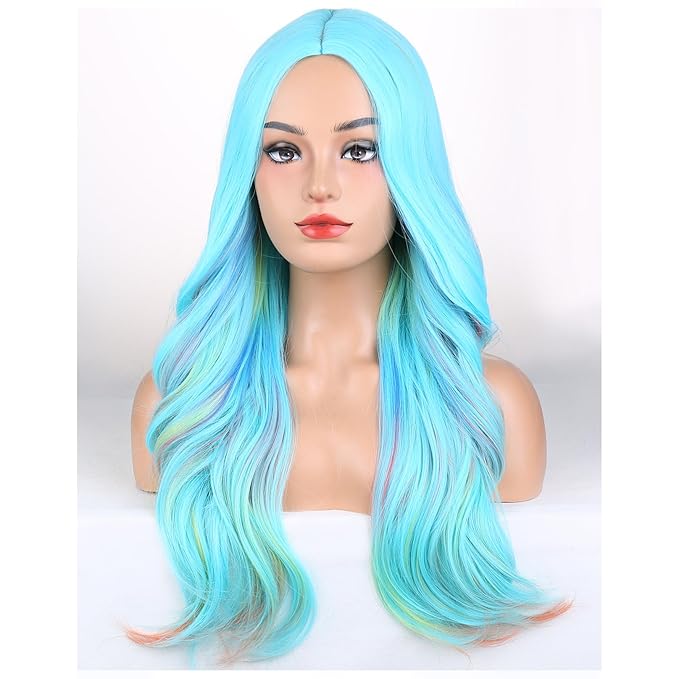 BERON Blue Mixed Colorful Wigs Long Wavy Wig for Women Girls Middle Part Heat Resistant Synthetic Hair Wigs for Cosplay Party Daily or Use