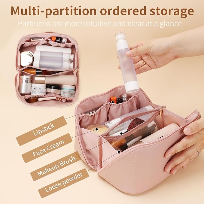 3 Pcs Travel Makeup Bag Portable Large Capacity Cosmetic Bags for Women Open Flat Makeup Case Organizer Bag Set of 3 Waterproof PU Leather Toiletry Bags with Divider and Handle (Pink, Medium)