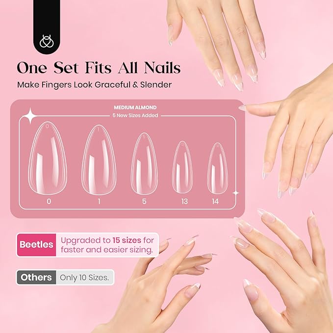 Beetles Gel Nail Kit, 300Pcs Almond Medium Nail Tips with Solid Nail Gel Glue,15 Sizes Soft Clear Nail Tips with Base Coat, Handheld Nail Lamp, Easy Nail Extension Set DIY Manicure Art Gift for Girls