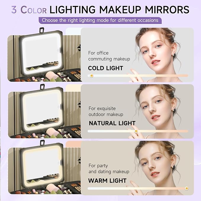 Leeora&Leekoo Makeup Box with LED Mirror & Aluminum Frame, Compact Multi-Layer Cosmetic Organizer - Portable ABS Travel Train Case for Makeup Storage(Gift for Girlfriend/Daughter) (Black)