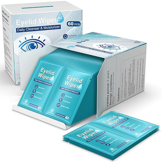 60PCS Tea Tree Oil Physiological Saline Eyelid Cleaning Wipes,For Dry Eyes,Daily Eye care for Removing Excess Oil and Debris from Eyelids & Lashes, Rinse Free Individually Wrapped Travel Eye Wipes