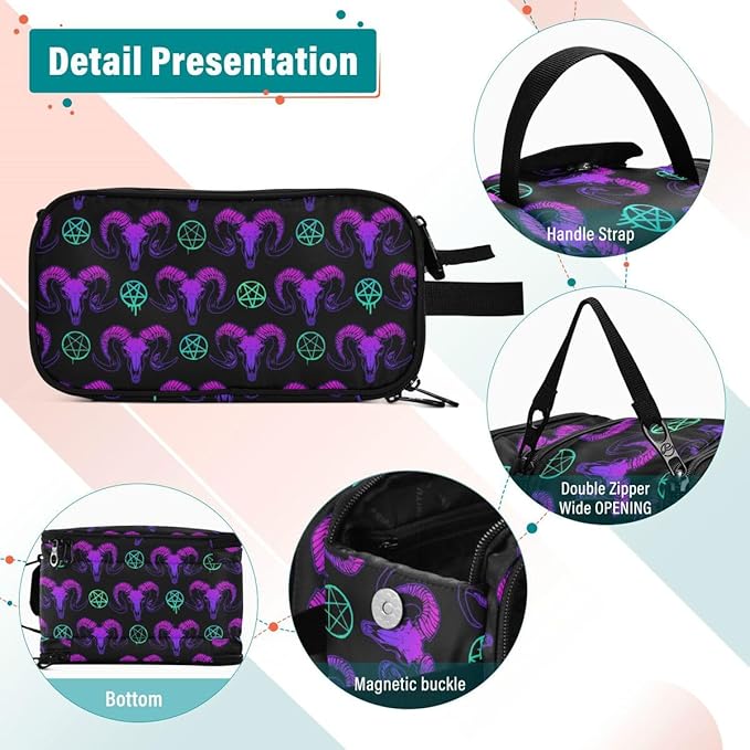 MNSRUU Mystical Ram Skull Makeup Bag - Large Capacity Cosmetic Bag Organizer, Portable Toiletry Bag for Travel Size
