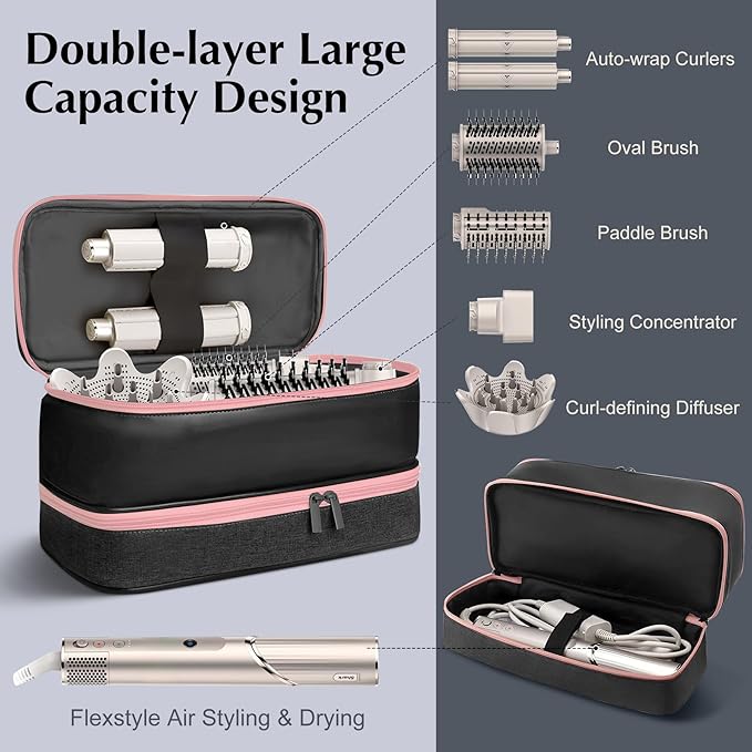 Travel Carrying Case for Shark Flex Style, Double Layer Hair Dryer Accessories Tools Storage Case, Waterproof PU Leather Organizer Bag for Shark Flexstyle/Dyson Airwrap Styler and Attachments (Black)