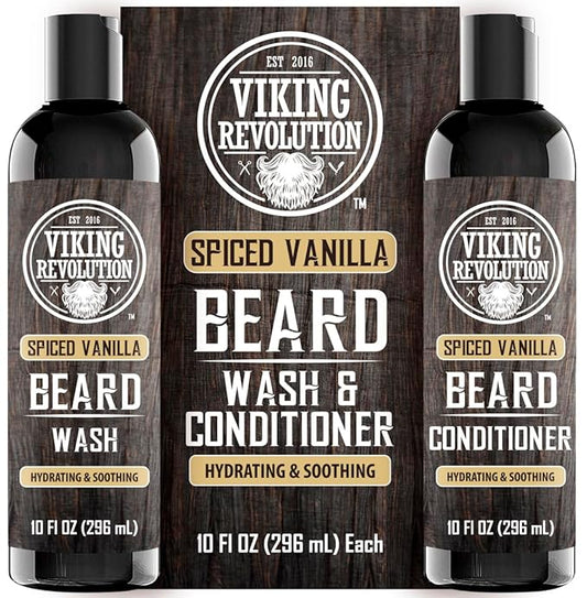 Viking Revolution Beard Wash and Beard Conditioner for Men with Argan Oil and Jojoba Oil - Beard Softener and Strengthener Beard Care Beard Shampoo and Conditioner with Beard Oil (10oz,Spiced Vanilla)