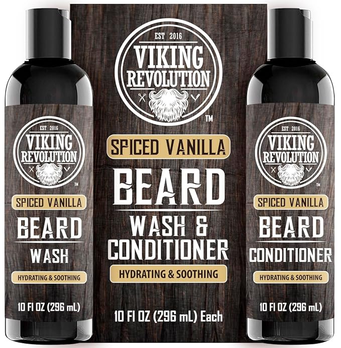 Viking Revolution Beard Wash and Beard Conditioner for Men with Argan Oil and Jojoba Oil - Beard Softener and Strengthener Beard Care Beard Shampoo and Conditioner with Beard Oil (10oz,Spiced Vanilla)