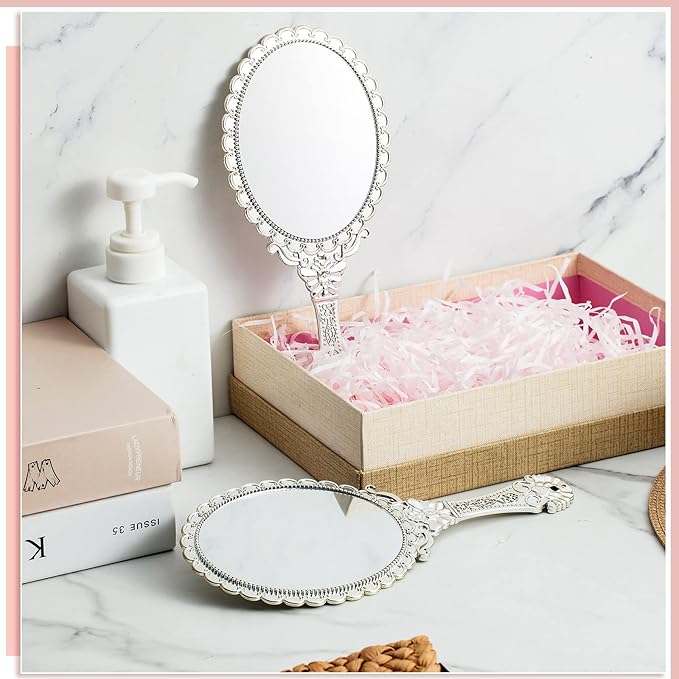 Qunclay 12 Pcs Vintage Handheld Mirror, 9.8" L x 4.5" W Small Sliver Embossed Portable Princess Mirror for Classroom Kids Princess Party Favors Travel