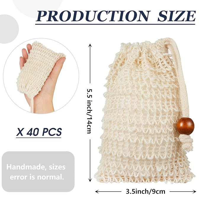 Cunhill 40 Pack Soap Saver Bag Exfoliating Sisal Soap Pouch with Drawstring Bar Wooden Bead Foaming and Drying Exfoliating Net for Bath and Shower