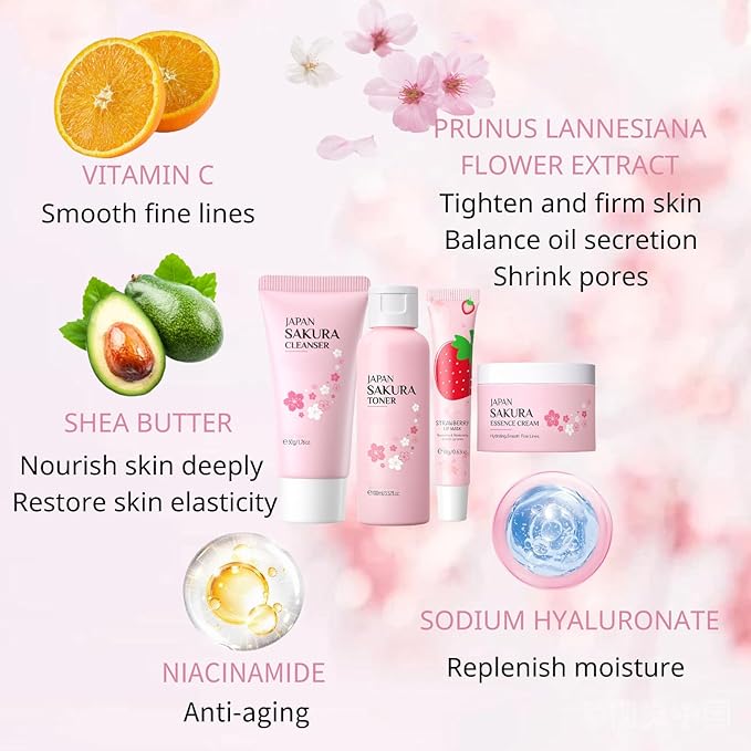 Cherry Blossom Skincare Set Mother's Day Gifts - Skin Care Set Hydrating - Skincare for Girls 10-12 Moisturizing - Travel Kit with Cleanser,Toner,Lip Mask,Cream(One Size, Cherry Blossom 6PCS Scent)