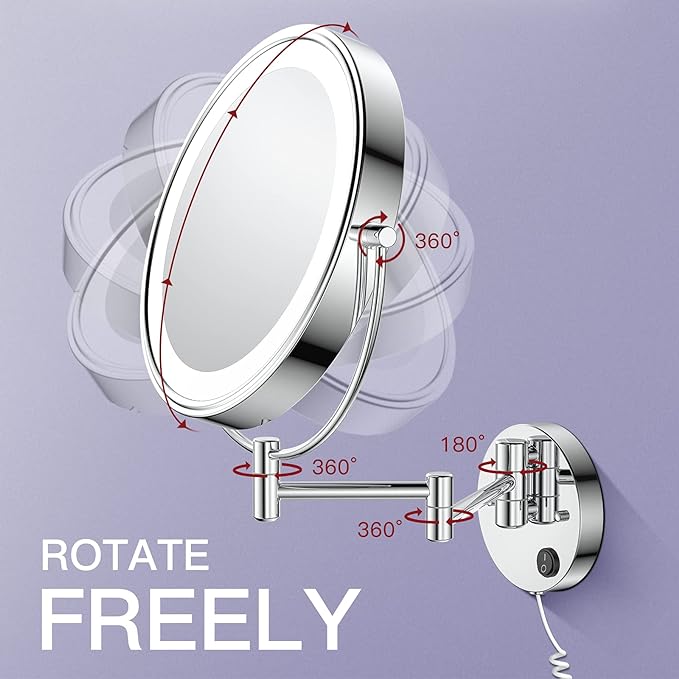 Benbilry 9" Large Size Wall Mounted Lighted Makeup Vanity Mirror, 1X/10X Magnifying Double-Sided AC Powered Bathroom Mirror, 360° Swivel 13 Inch Extendable