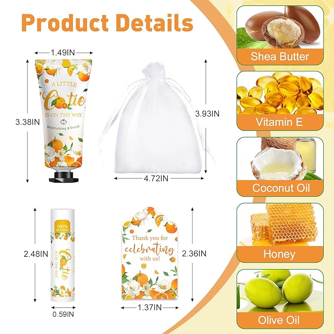 50 Pack Bulk Hand Cream and Bulk Lip Balm Gifts Sets, Bridal Shower Favors and Baby Shower Favors for Guests with Thank You Card and Organza Gift Bags, Appreciation Gifts, Baby Shower Prizes (Orange)