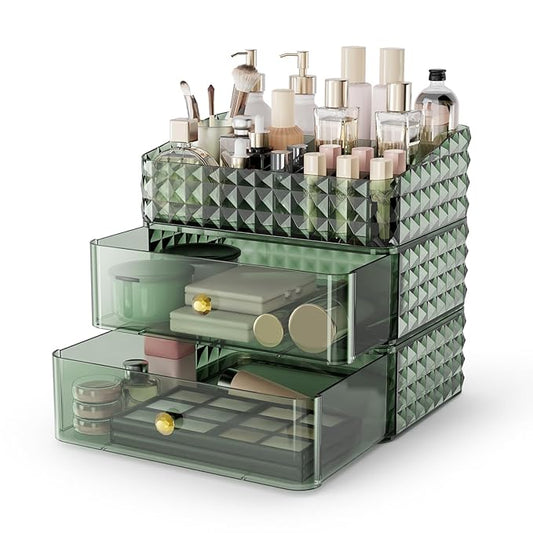 Makeup Organizer for Vanity, Stackable Cosmetics Organizer and Storage, Cosmetic Display Cases with 2 Drawers and 1 Tray for Makeup Brush, Hair Accessories, Lipstick and Jewelry, Green