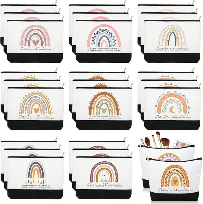 Sieral 30 Pcs Rainbow Canvas Makeup Bags Bulk Employee Appreciation Gifts Graduation Inspirational Cosmetic Bags Thank You Gifts for Teacher Secretary Coworker Volunteer Nurse(Vibrant)