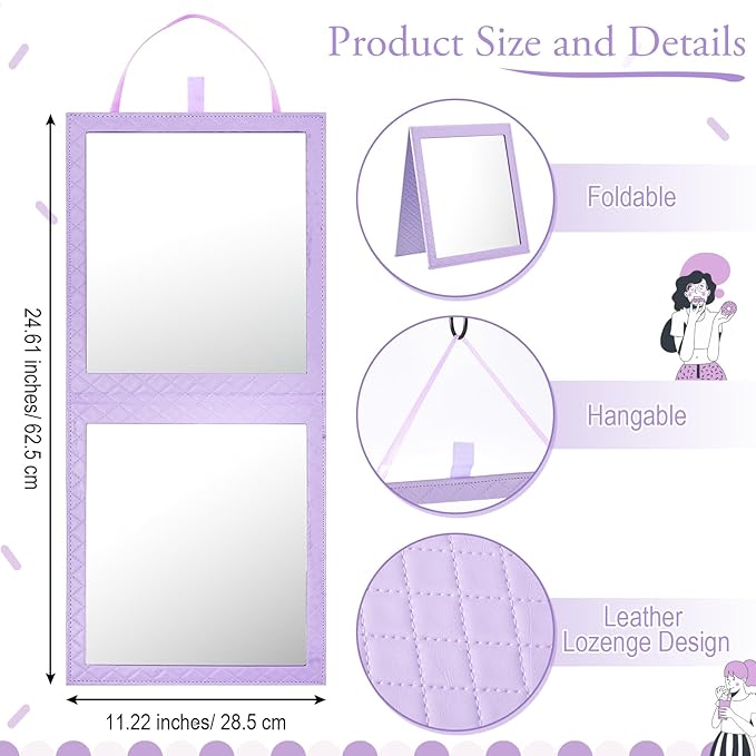 Foldable Backstage Mirror with Handle 24.61x 11.22 Inch Leather Folding Hanging Mirror Rectangular for Travel Dance Bag Home Fitness Spa Gift for Dancers(Purple)