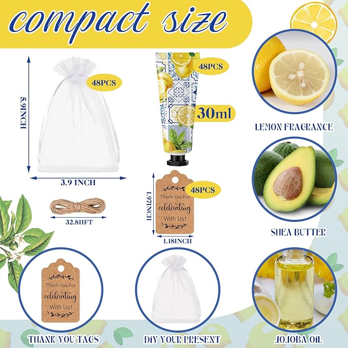48 Sets Baby Shower Hand Cream Party Favors for Guests Gift Bulk Travel Size Hand Lotion Set for Baby Shower Wedding Christmas(Lemon)