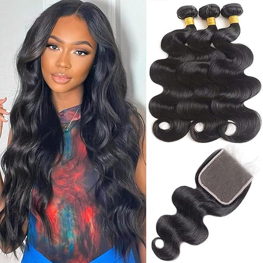Body Wave Bundles with Closure Human Hair (14 16 18+12) 5x5 HD Closure Brazilian Human Hair 3 Bundles with Closure Unprocessed Virgin Hair Body Wave Bundles with 5x5 Lace Closure Free Part