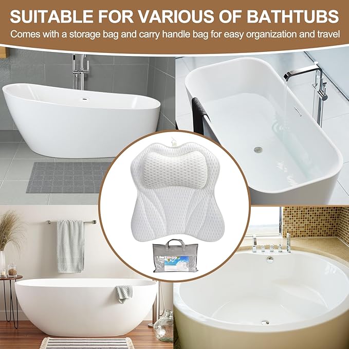 Bath Pillow for Tub, Bathtub Pillow for Head, Neck, Shoulder and Back Support, Ergonomic Luxury Bath Pillow for Bathtub, 6 Strong Suction Cups and Hook, Bathroom Accessories, White