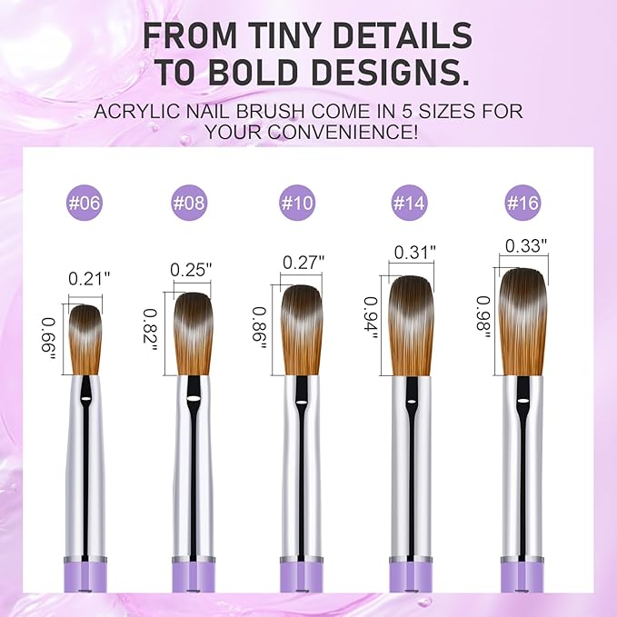 5PCS Acrylic Nail Brush Set, Sizes 06/08/10/14/16 Kolinsky Art Brushes for Application, Sturdy Handle Oval Shaped Powder Design Tools for Professional Manicure DIY