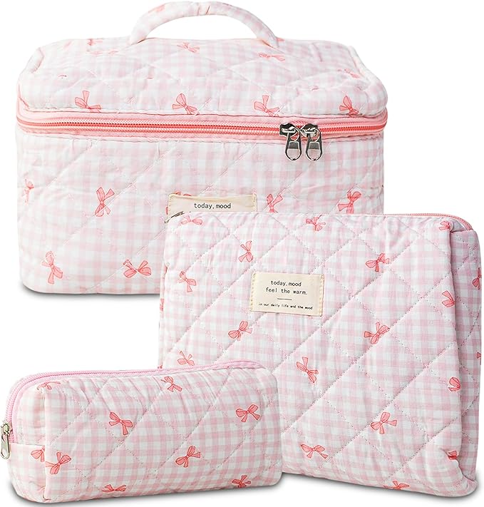 Makeup Bag, 3 PCS Quilted Makeup Bag, Cute Floral Cotton Cosmetic Bag set, Coquette Makeup Pouch Large Travel Toiletry Bag