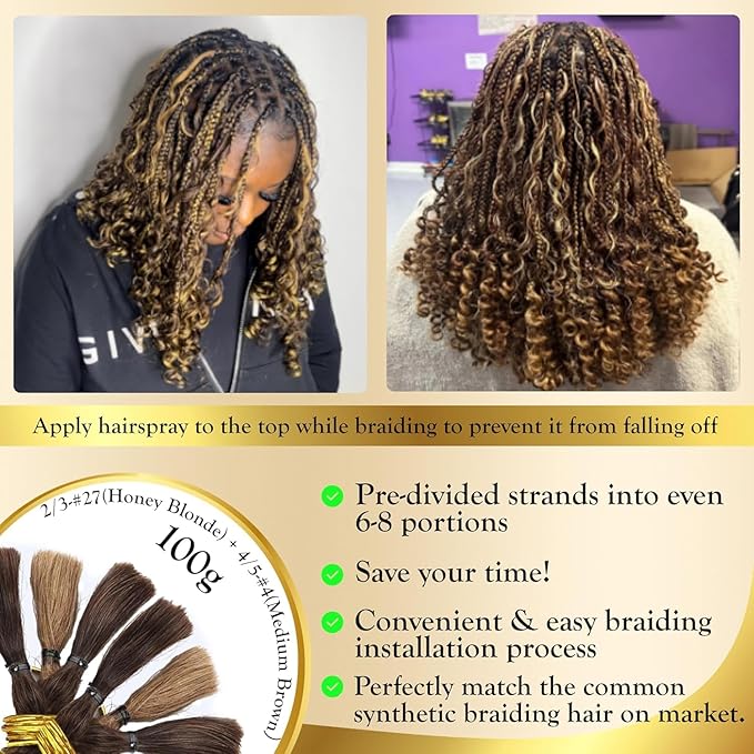 4/27 Honey Blonde Highlight Curly Human Hair Bulk, 24 Inch 100G FULL BULK Ombre Deep Wave Boho Braiding Hair, No Weft Human Hair Extensions for Boho Braids