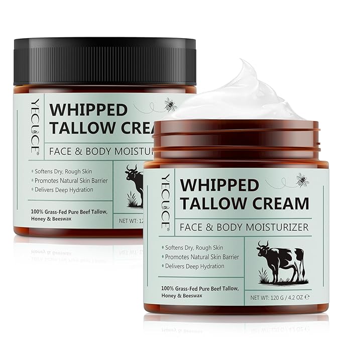 Whipped Beef Tallow for Skin, Organic Face Moisturizer with Grass Fed Beef Tallow & Raw Honey, Deeply Moisturizes Face & Body, Reduces Skin Irritation and Sensitivity, 2 Pcs