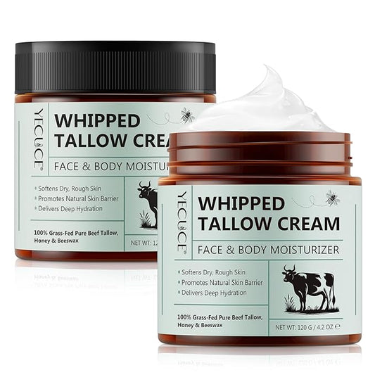 Whipped Beef Tallow for Skin, Organic Face Moisturizer with Grass Fed Beef Tallow & Raw Honey, Deeply Moisturizes Face & Body, Reduces Skin Irritation and Sensitivity, 2 Pcs