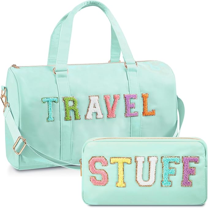 2 Pcs Preppy Chenille Letter Duffle Bag and Makeup Pouch, Travel Tote Bag Cosmetic Zipper Patch Makeup Bag (Mint Green)