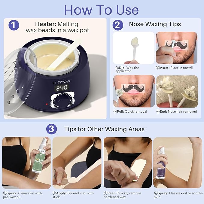 BLITZWAX Hair Removal Hard Wax Beads Unscented 1.3lb Waxing Beans Kit with 30 Nose Waxing Sticks for Sensitive Skin, Face, Back, Body, Brazilian and Coarse Hair, Home Wax Pearls for Men Women, White