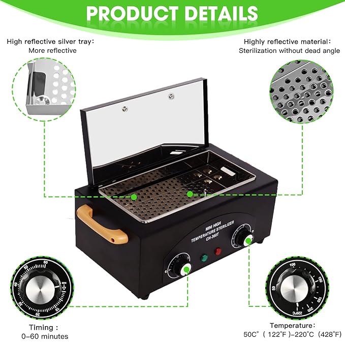 Sterilizer for Nail Tools 1.5L 110V 300W High Temperature Metal Clean Box with Adjustable Timer Temperature Sterilizer Cabinet for Manicure SPA Salon Metal Hairdressing Tool Equipment(black)