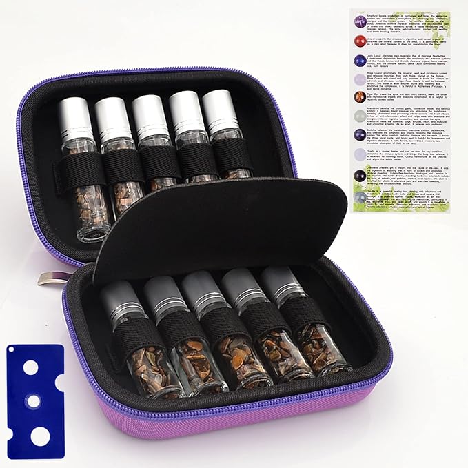 Essential Oil Roller Bottle 10ml w EVA Carrying Travel Case（Clear Glass Bottle with silver Cap、10pack、Gemstone Roller Balls、Healing Crystal Chips Inside、Opener)Gemstone Roller Ball Bottles