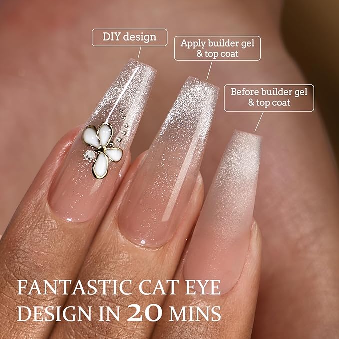 BTArtboxnails XCOATTIPS Long Coffin French Tip Cat Eye Press On Nails with Builder Gel and Mini Nail Lamp Set