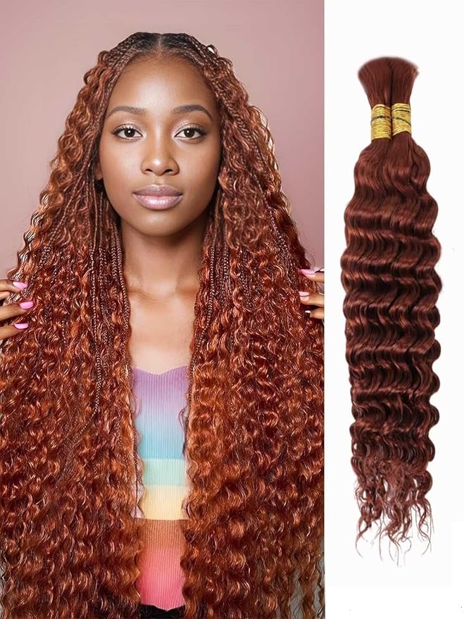 Human Braiding Hair for Boho Braids Human Hair 100g 18 Inch Curly Boho Hair for Braiding Knotless 12A Deep Wave Bohemian 2 Bundles/Pack Copper