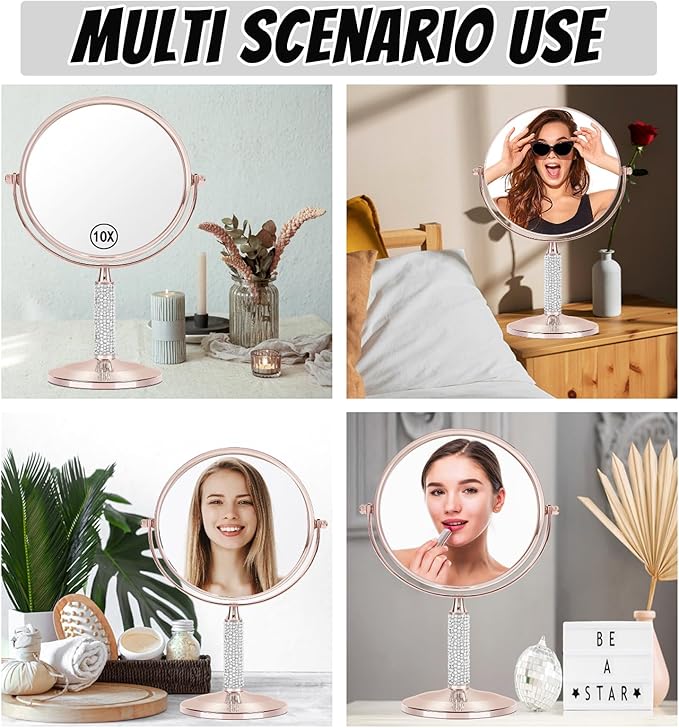 7"Rose Gold Glitter Diamond Rhinestone Makeup Mirror,360°Rotate Round Tabletop Vanity Mirror Double Sided 1X/10X HD Undistorted Magnifying Mirror,Portable Vanity Women Gift (No Lamp Rose Gold)