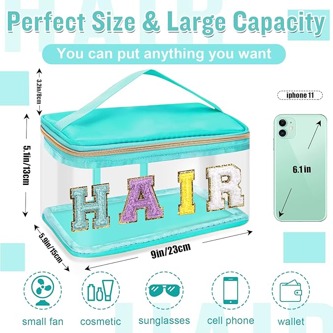 Chenille Letter Clear Makeup Bags Hair Pouch, Preppy Patch Makeup Bag Zipper with Handle, Transparent PVC & Nylon Waterproof Glitter Cosmetic Handbag Travel Toiletry Storage for Women Girl(HAIR-Green)