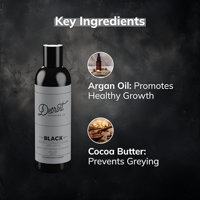 Detroit Grooming Co. Beard Conditioner with Apple Extract & Aloe Vera – Softening, Detangling, and Hydrating Beard Conditioner – Black Edition (Cedarwood & Amber) - 8oz