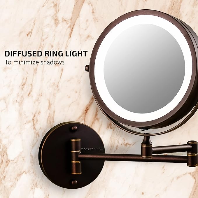 OVENTE 7" Lighted Wall Mount Makeup Mirror with 1X/7X Magnification, Cordless Double Sided Magnifying Round Vanity Mirror, 360° Swivel Design, Extendable and Folding Arm, Antique Bronze MFW70ABZ1X7X