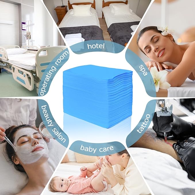 100Pcs Disposable Massage Table Sheets 31" x 71" Non-Woven Fabric Disposable Bed Sheets SPA Bed Cover Breathable Oil-Waterproof Sheets for Travel Spa Tatto Hotel Salon (Blue)