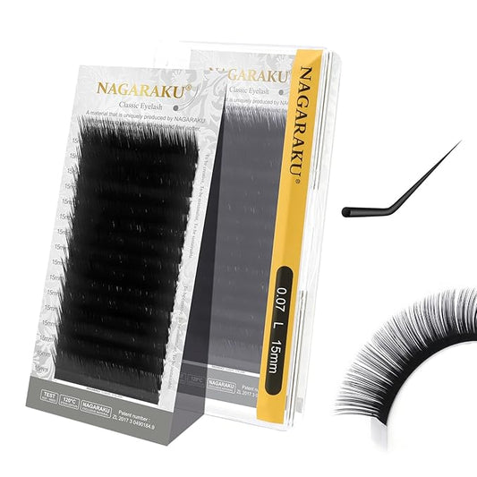 NAGARAKU Eyelash Extensions Individual Lashes Extensions Classic Lash Matte Black 16 Rows Soft Natural Matte Black Professional Beauty Salon Lashes Supplies - 0.07L 15mm
