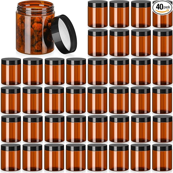 Tanlade 40 Pcs Amber Plastic Jars with Lids Round Cosmetic Containers Amber Jars Refillable Containers for Powder Liquid Food Storage Kitchen Cosmetic Lotion Ointments Creams Essential Oil (8 oz)