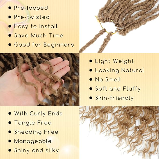 8 Packs Goddess Locs Crochet Hair 24 Inch Faux Locs With Curly Ends Pre Looped Crochet Hair for Women Blonde Color Deep Wave Soft Locs Honey Blonde 27 Color