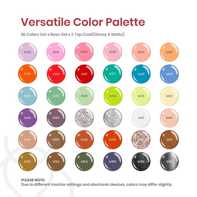 Beetles Pastel Gel Nail Polish Set 36 Colors Pink White Glitter with Base Matte and Glossy Top Spring Gel Polish Set Soak off UV Led Spring Gel Polish Holiday Nail Art for Women