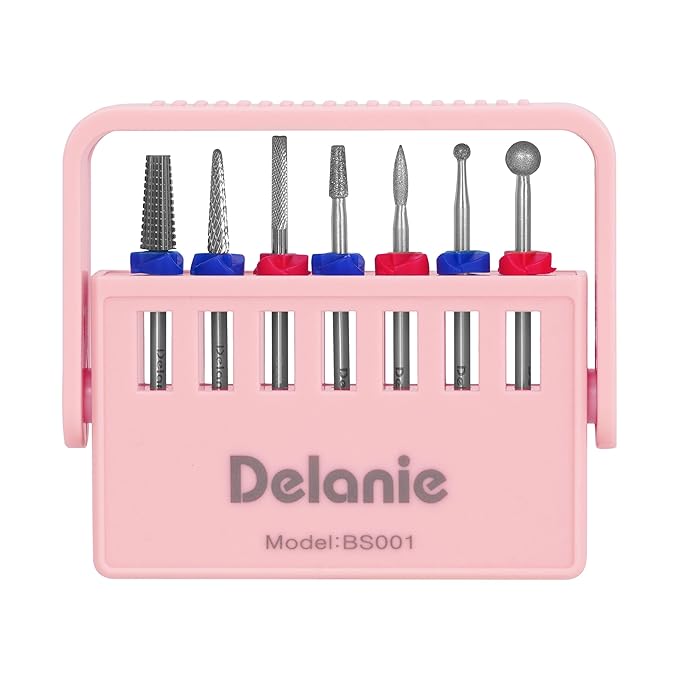 Delanie Professional Nail Drill Bit Set, 7 Pieces with Holder, Carbide and Diamond Bits, Model BS001