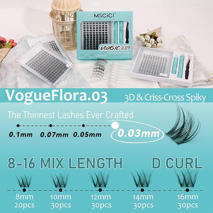 VogueFlora.03 EyeLash Clusters Kit 3D Hybrid 8-16mm D Curl - DIY Doll Eye Wet Look Angel Sets Lash Extensions Ultra Soft Spiky Lashes Individual Fake Eyelashes Clusters Kit Invisible Lash Band