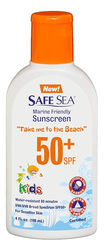 Safe Sea Jellyfish Sting-Blocking Sunscreen for Kids, SPF 50+ Lotion 4oz, Waterproof, Biodegradable, Coral Reef-Safe – Body and Face Sunscreen, Anti-Jellyfish and Sea-Lice sting protection.