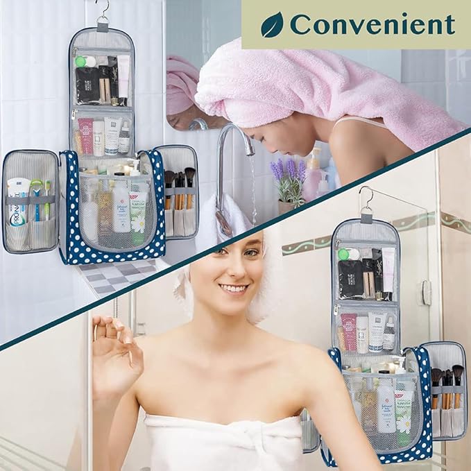 PAVILIA Extra Large Toiletry Bag Travel Bag for Women Men, Hanging Cosmetic Organizer, Water Resistant Makeup Bag for Accessories Toiletries, Travel Essentials Kit (Navy Polka Dot)